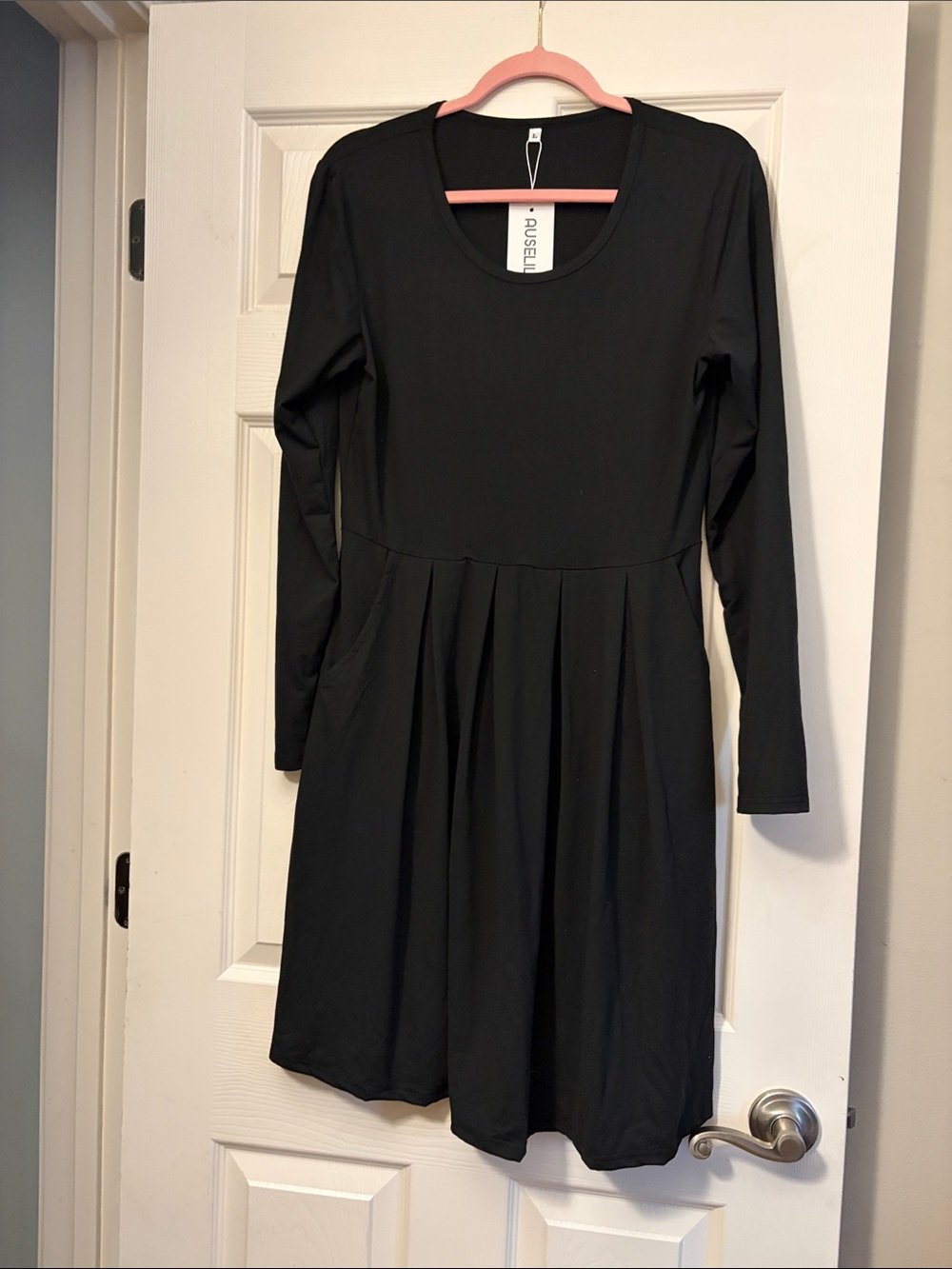 Long-Sleeve Black Pleated Fit-and-Flare Dress